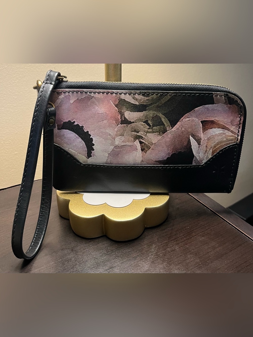 FRYE Effie Floral Printed Leather Wristlet Clutch Black NWOT
